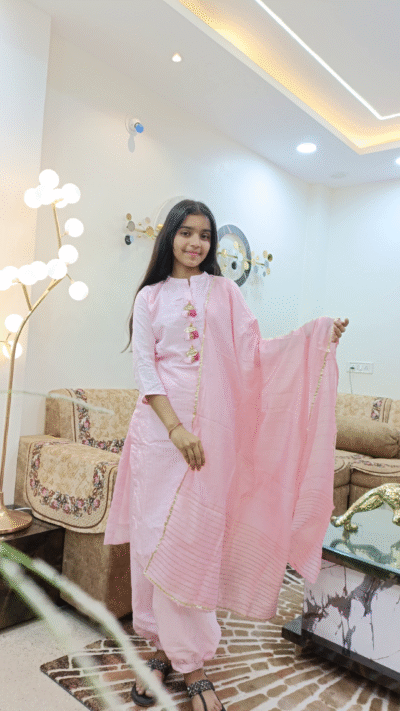 Dola Silk Broached Line Kurti With Afghani Pant & Fancy Dupatta Set