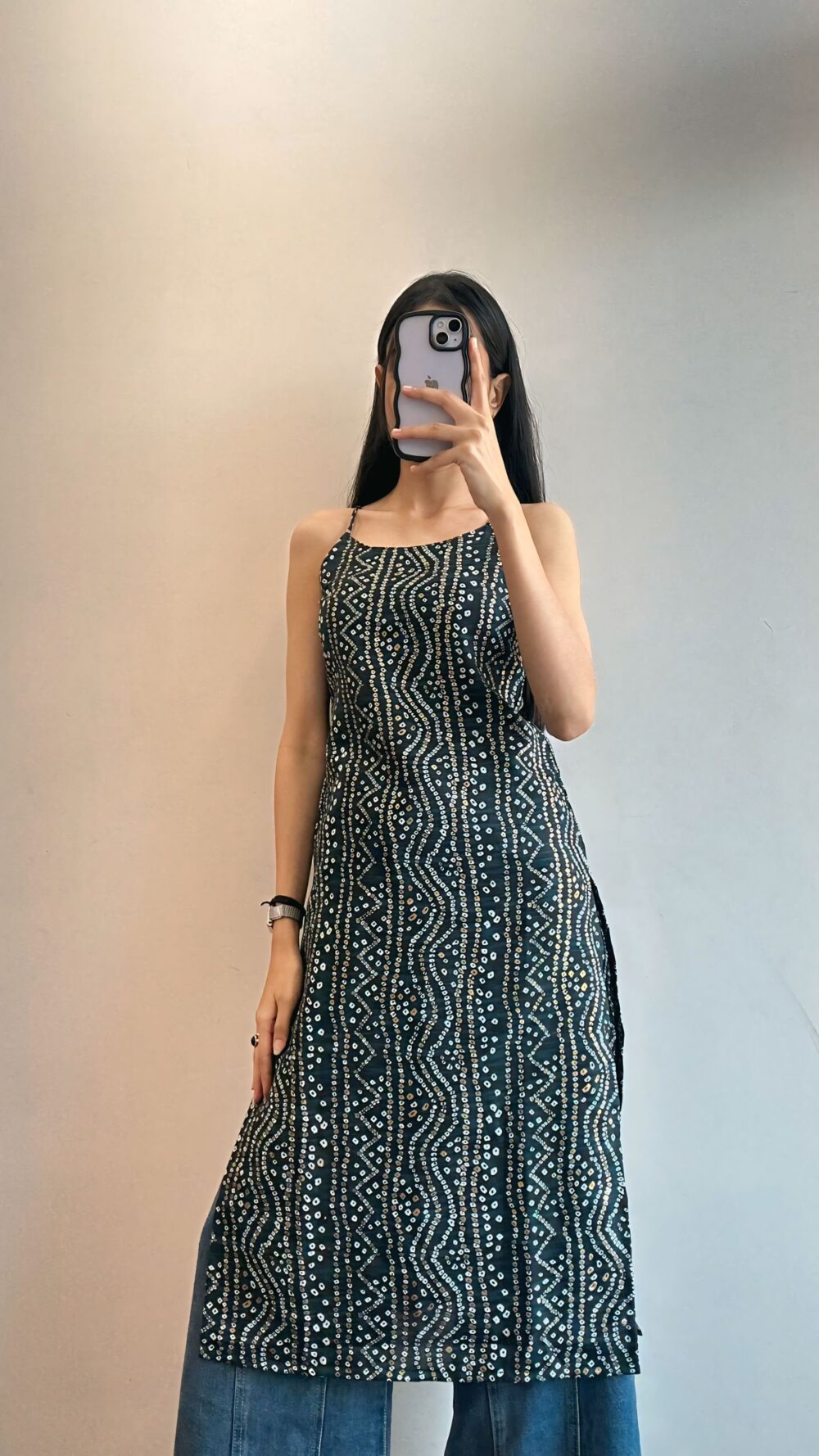 Women's Bandhani Printed Cotton Sleeveless A-line Kurta