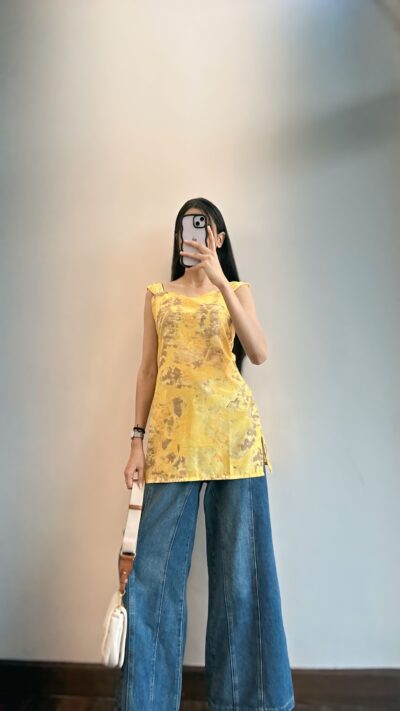 Yellow Printed Sleeveless Cotton Top