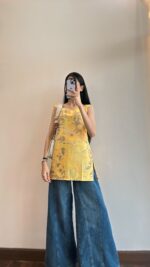 Yellow Printed Sleeveless Cotton Top