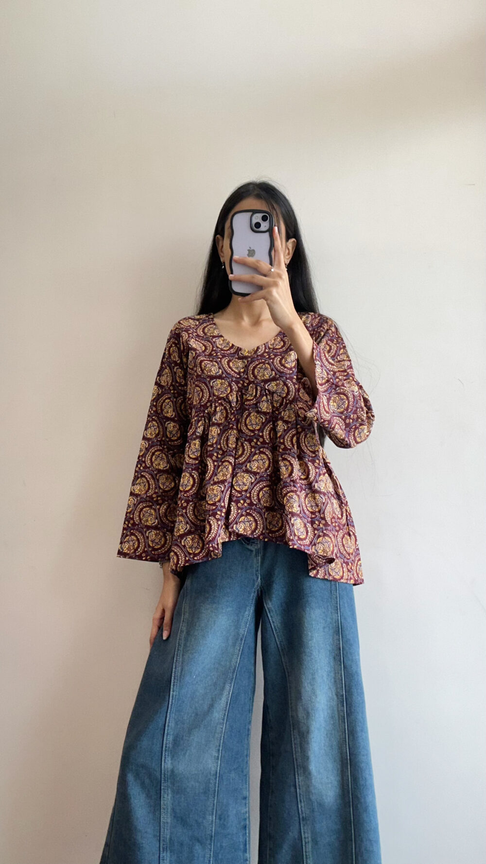 Floral Printed V Neck Full Sleeve Pure Cotton Top