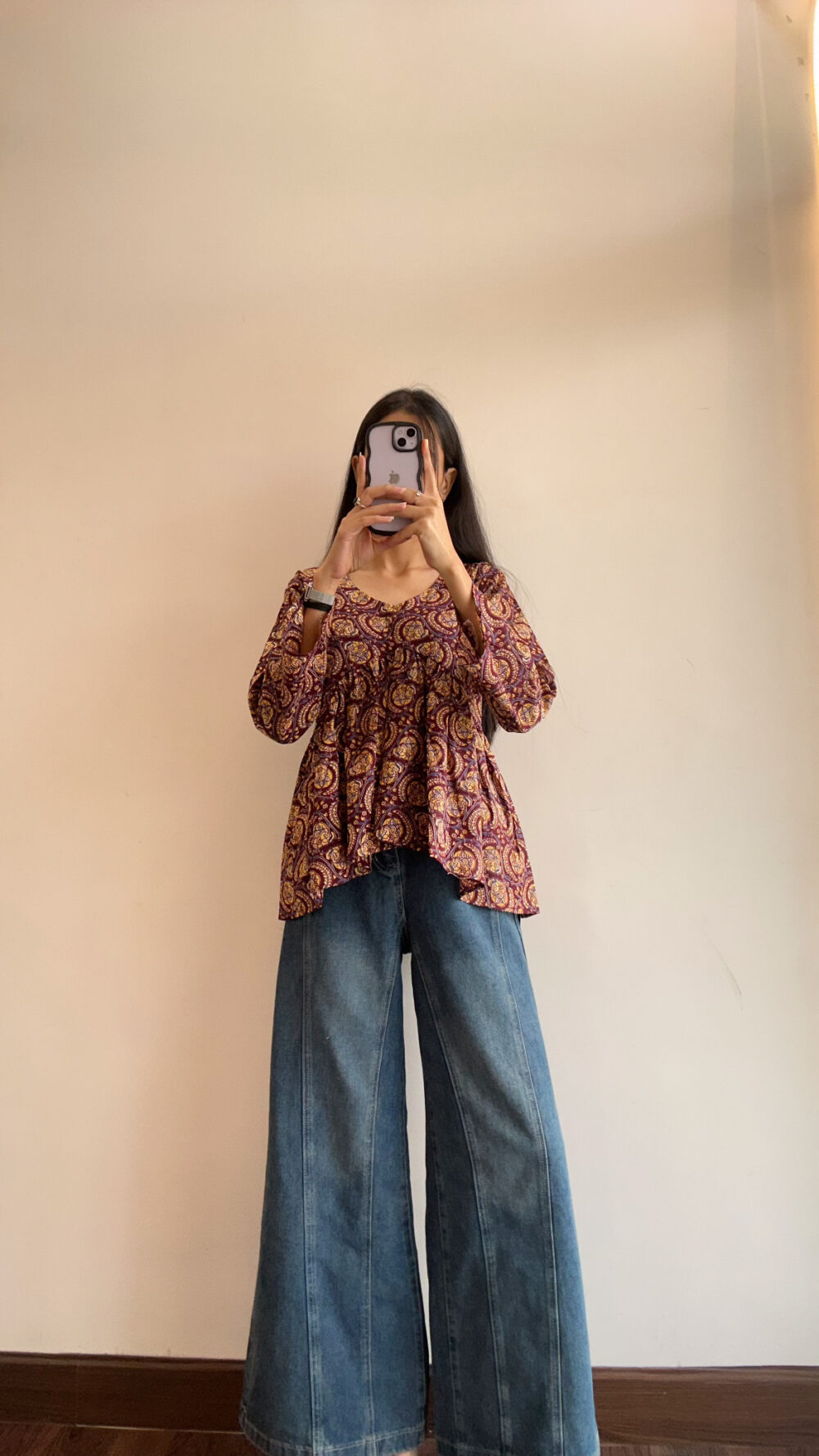Floral Printed V Neck Full Sleeve Pure Cotton Top