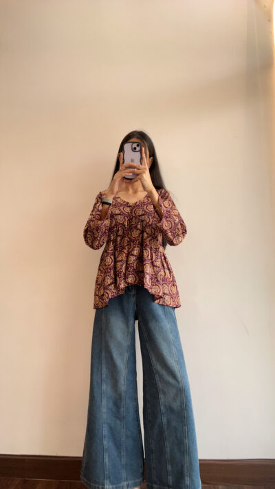 Floral Printed V Neck Full Sleeve Pure Cotton Top