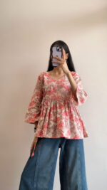 Peach & Red Floral Angrakha Kurti – Side Tie with Flared Sleeves