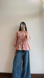 Peach & Red Floral Angrakha Kurti – Side Tie with Flared Sleeves