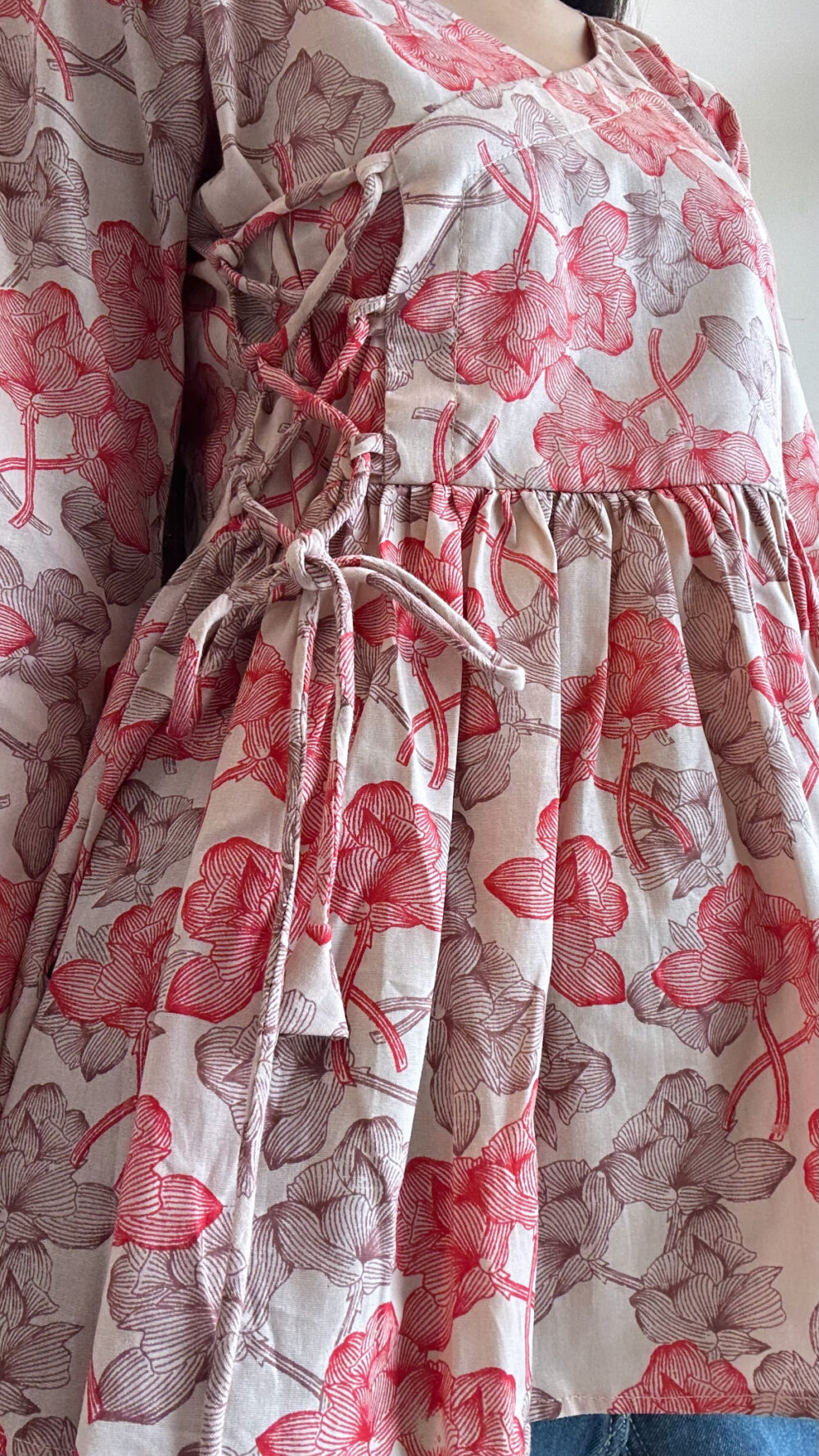 Peach & Red Floral Angrakha Kurti – Side Tie with Flared Sleeves