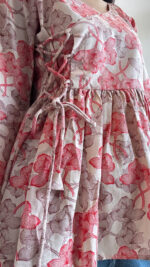 Peach & Red Floral Angrakha Kurti – Side Tie with Flared Sleeves