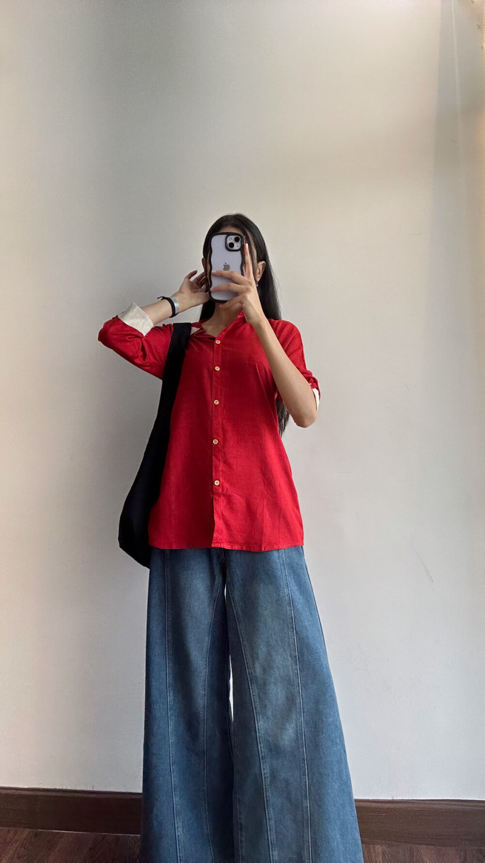 Women's Solid Red Cotton Shirt-Style Kurti with Beige Detailing