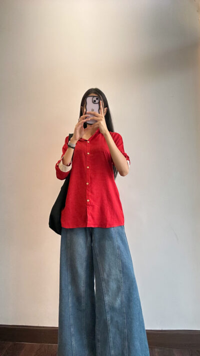 Women's Solid Red Cotton Shirt-Style Kurti with Beige Detailing