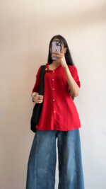 Women's Solid Red Cotton Shirt-Style Kurti with Beige Detailing