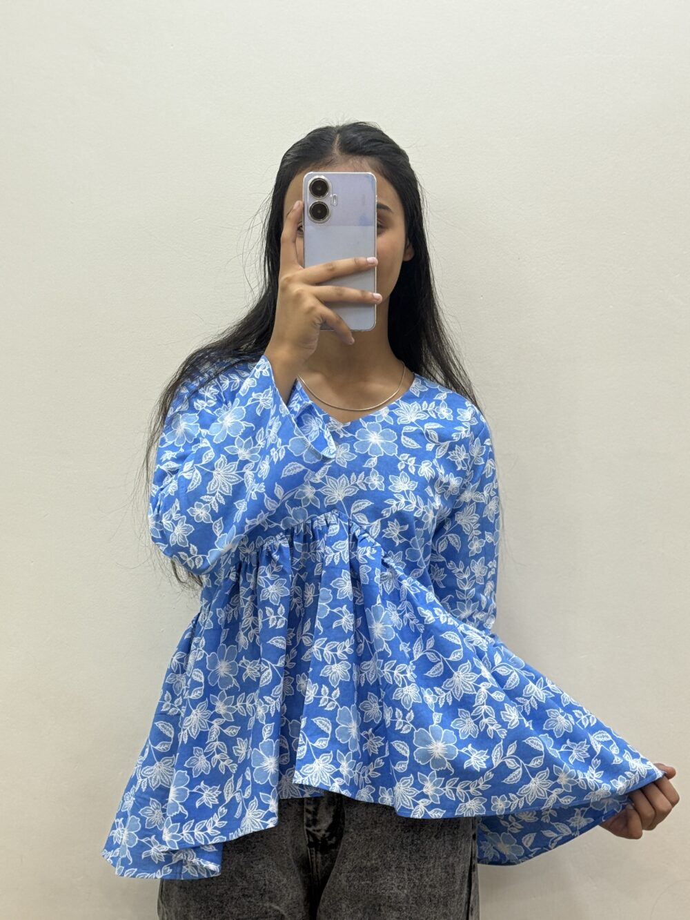 Floral Printed V Neck Full Sleeve Pure Cotton Top Sky Blue