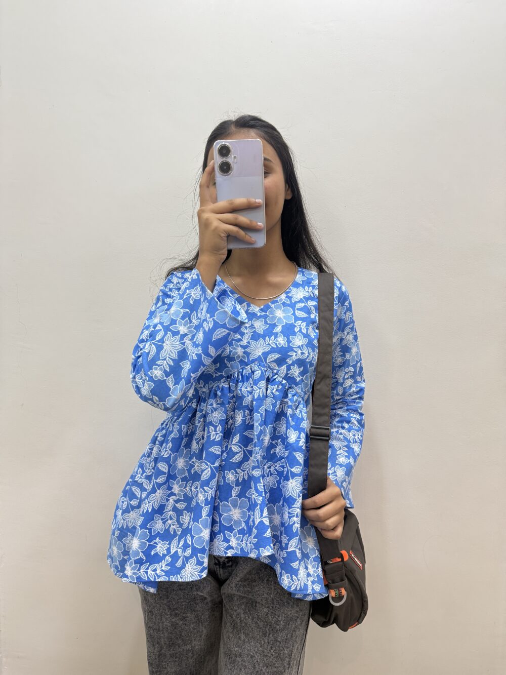 Floral Printed V Neck Full Sleeve Pure Cotton Top Sky Blue
