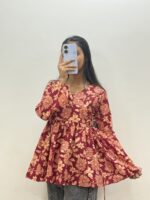 Maroon Floral Angrakha Kurti – Side Tie with Flared Sleeves