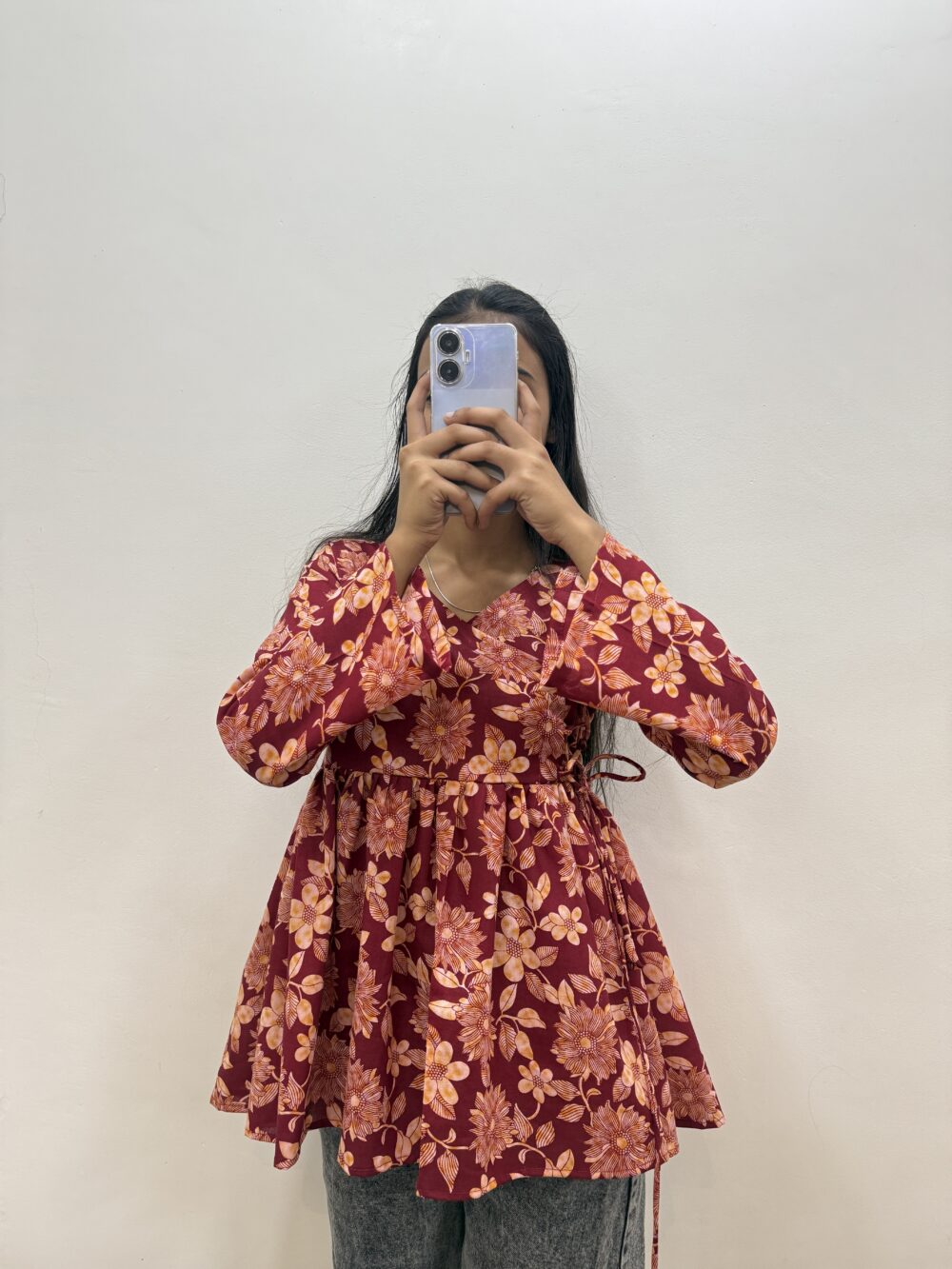 Maroon Floral Angrakha Kurti – Side Tie with Flared Sleeves