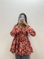 Maroon Floral Angrakha Kurti – Side Tie with Flared Sleeves