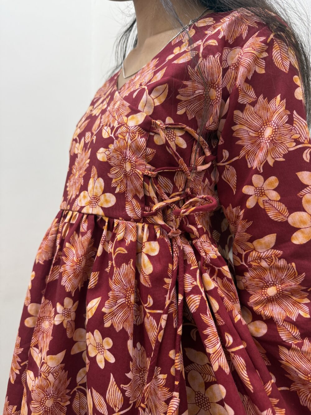 Maroon Floral Angrakha Kurti – Side Tie with Flared Sleeves
